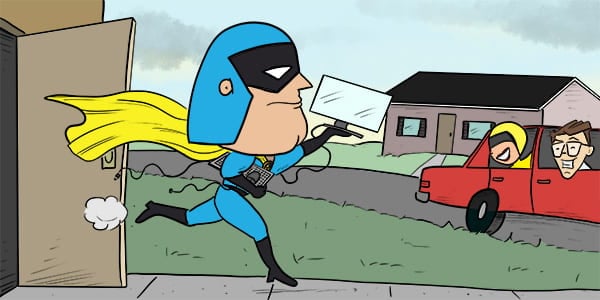 Cartoon of Dev man running with his PC.