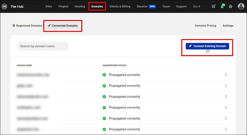 The Hub - Domains - Connected Domains screen