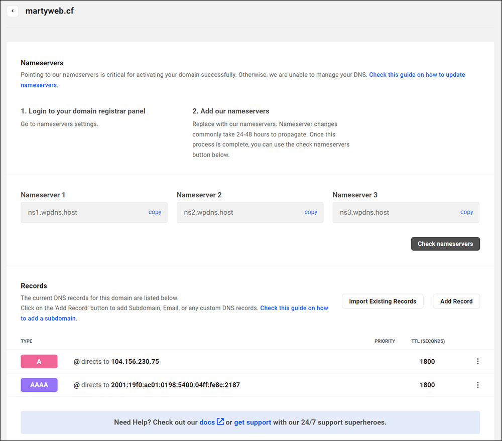 DNS Nameservers screen - WPMU DEV DNS