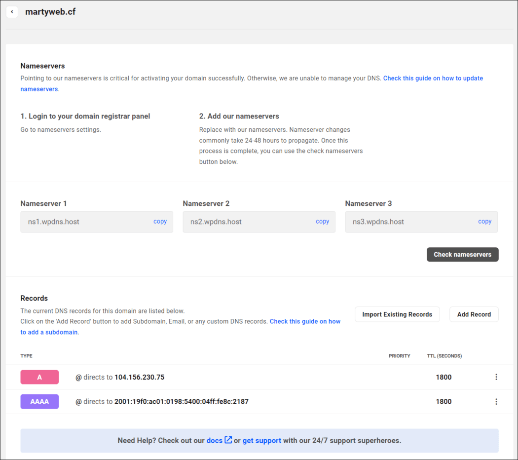 DNS management screen