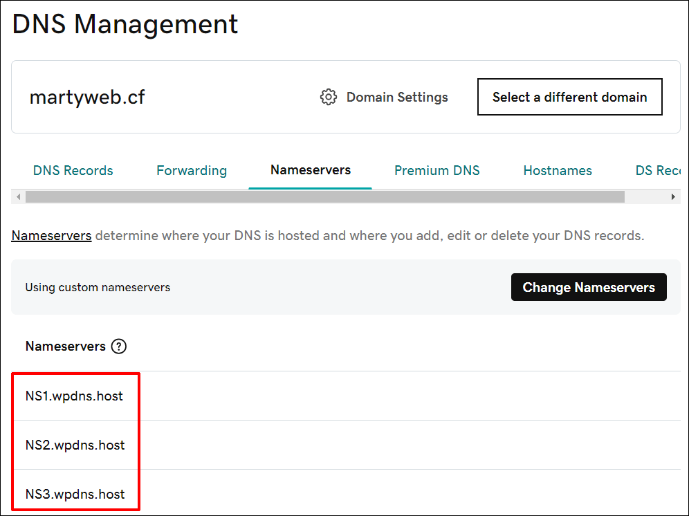 Godaddy nameserver records screen,