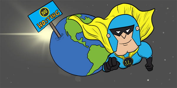 Cartoon of DevMan flying in space around planet Earth with WPMU DEV hosting sign stuck on planet.