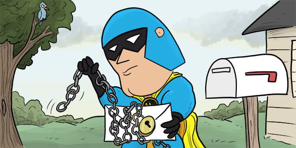 Cartoon of Devman putting chains and a padlock around a letter, about to post it.