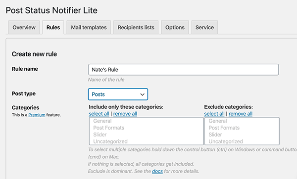An example of the area to create a new rule for posts.
