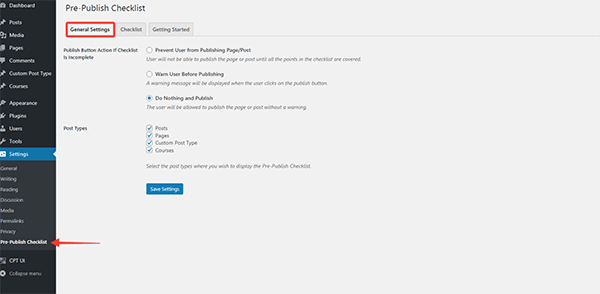 Pre-publish checklist settings.