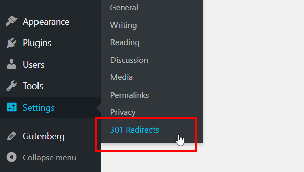 301 Redirects plugin settings menu 