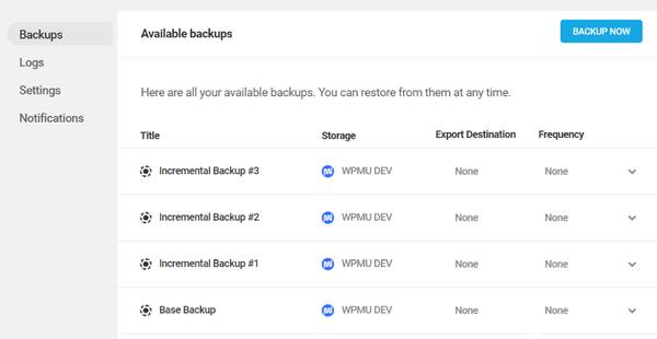 Screenshot of four backups within Snapshot.