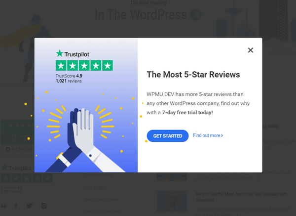 Screenshot of the trustpilot popup on the WPMU DEV website