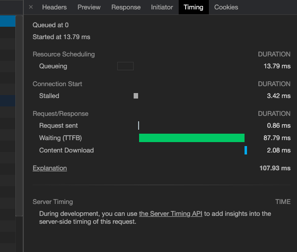A look at the results of the TTFB test I ran on Google DevTools