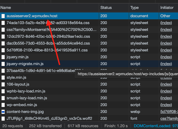 A screen showing how you have to click on the first item of data to see TTFB