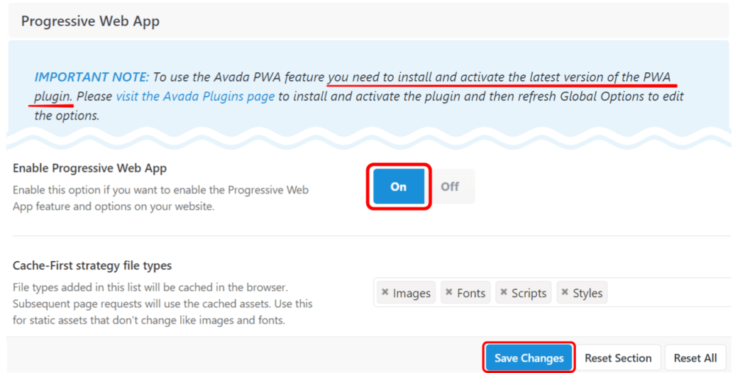 PWA on with default settings