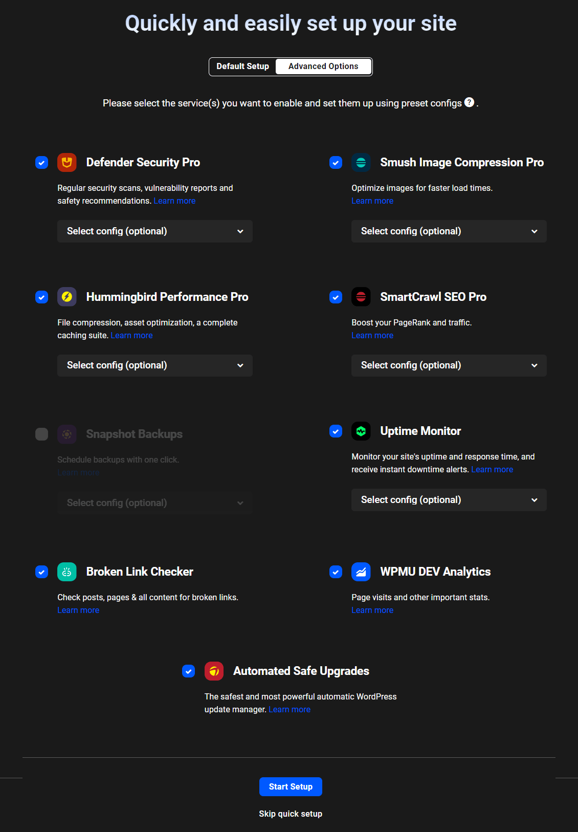 Config Setup screen - Advanced Options