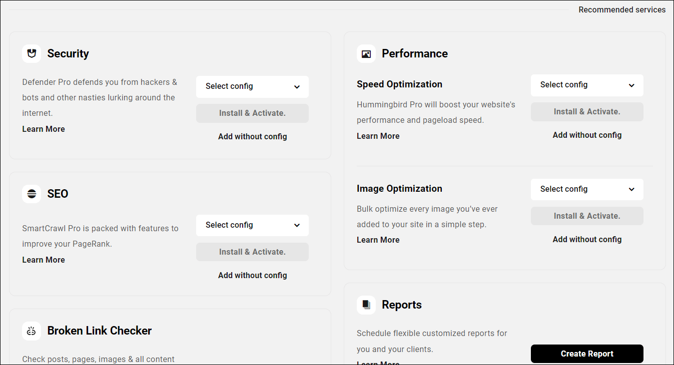 The Hub - Overview screen: Recommended Services section.