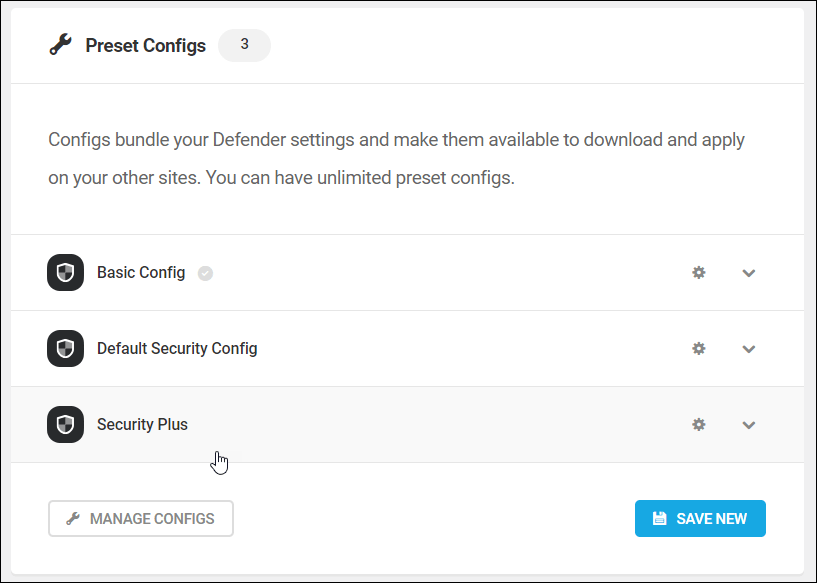 Defender: Preset Configs - New Custom Config.