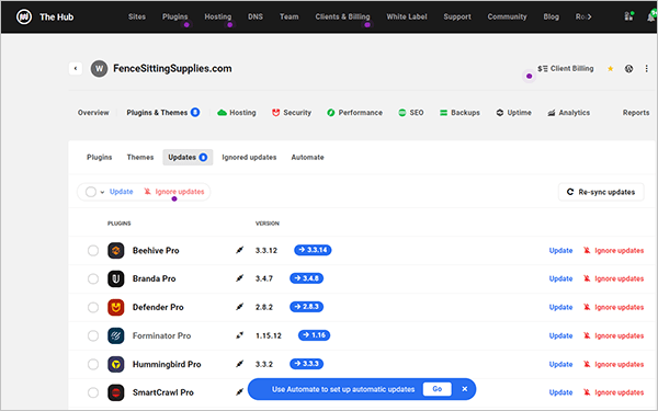 The Hub - Plugins & Themes screen
