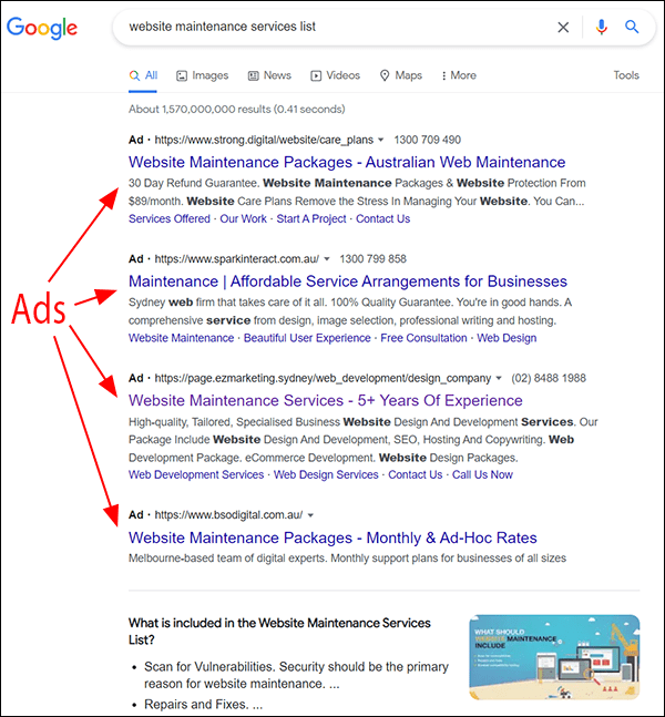 Google search results - website maintenance services list