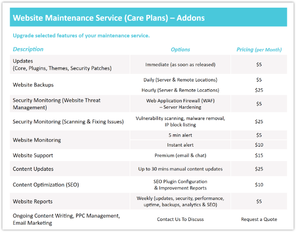 Website Maintenance Service Addons