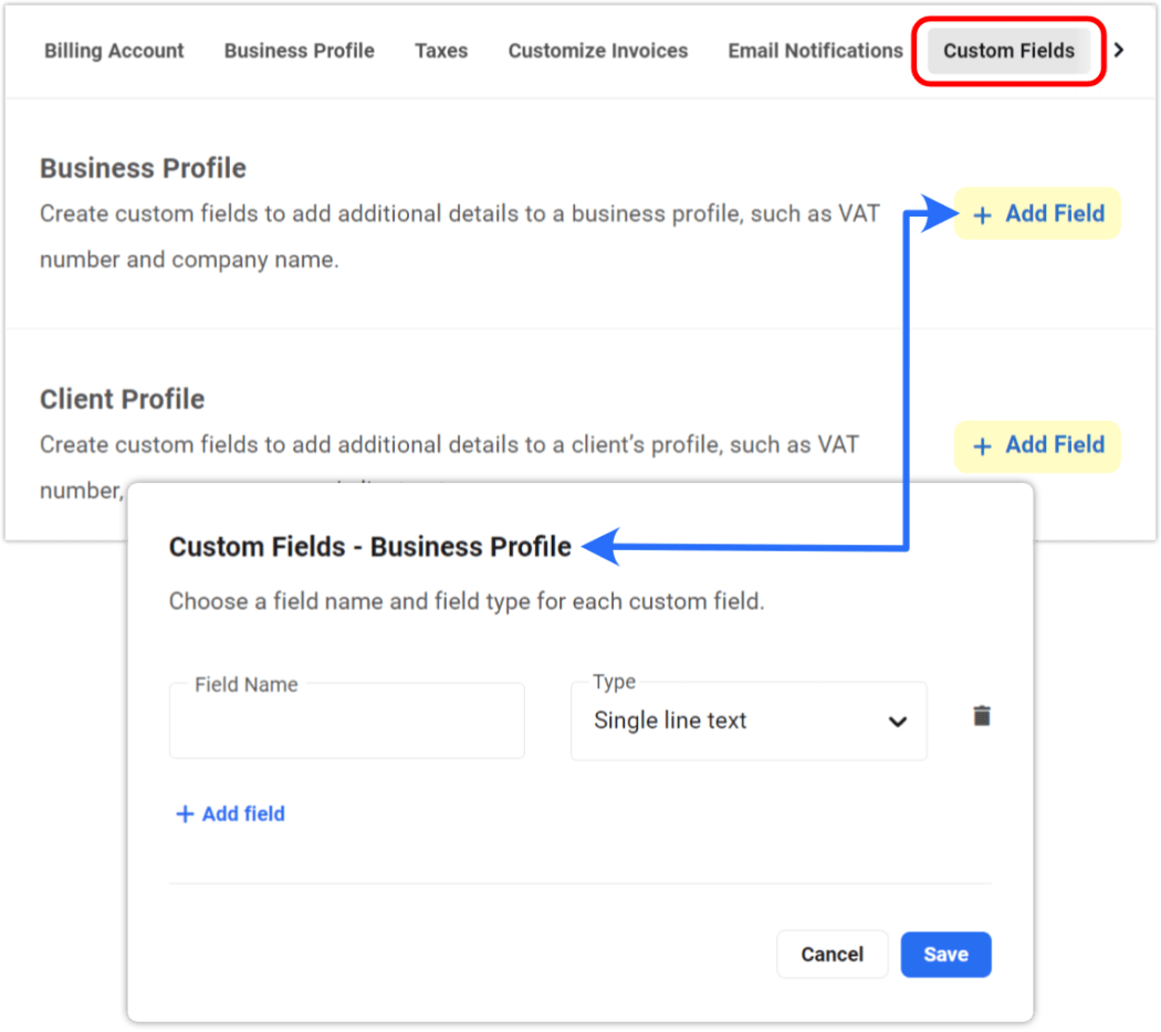 config business custom fields