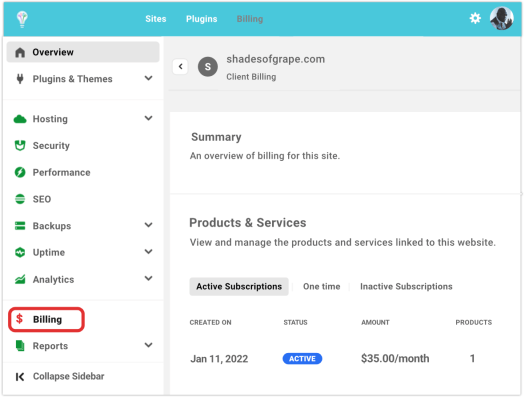 client billing overview with sidebar