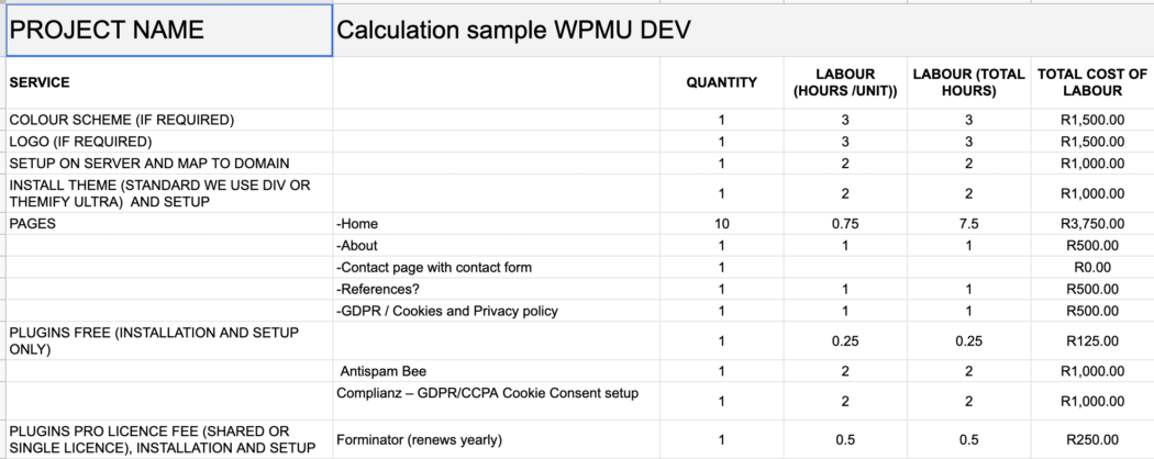 Google spreadsheet with calculations.