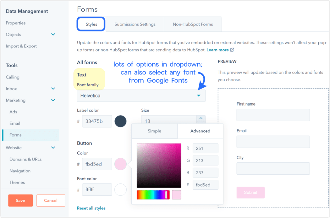 hubspot forms customization (font.color)