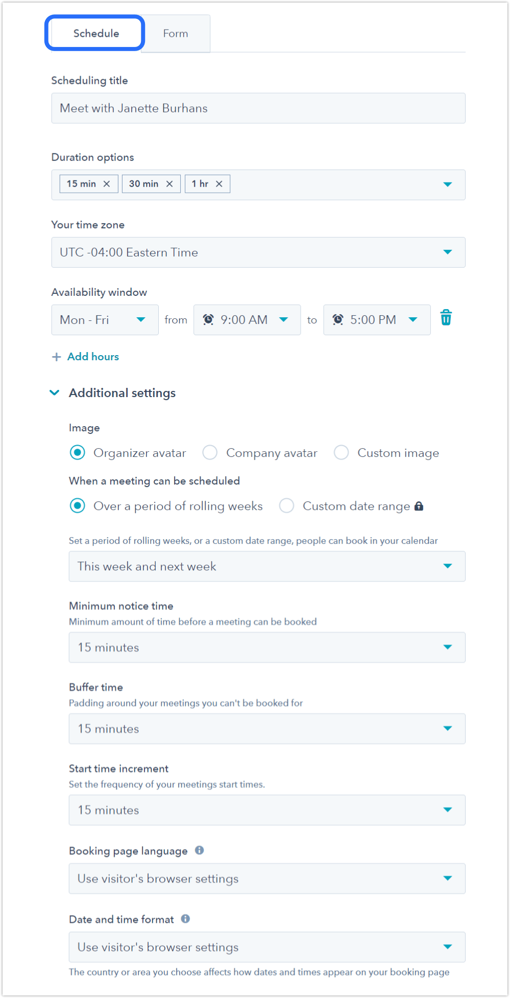 hubspot schedule parameter selections