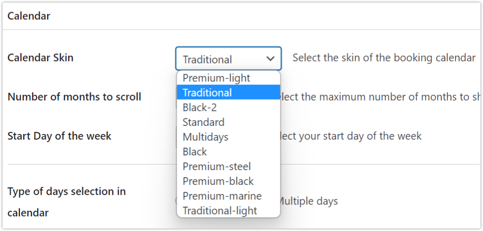 booking calendar select skin