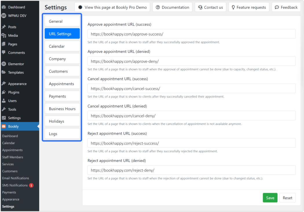 bookly settings URL
