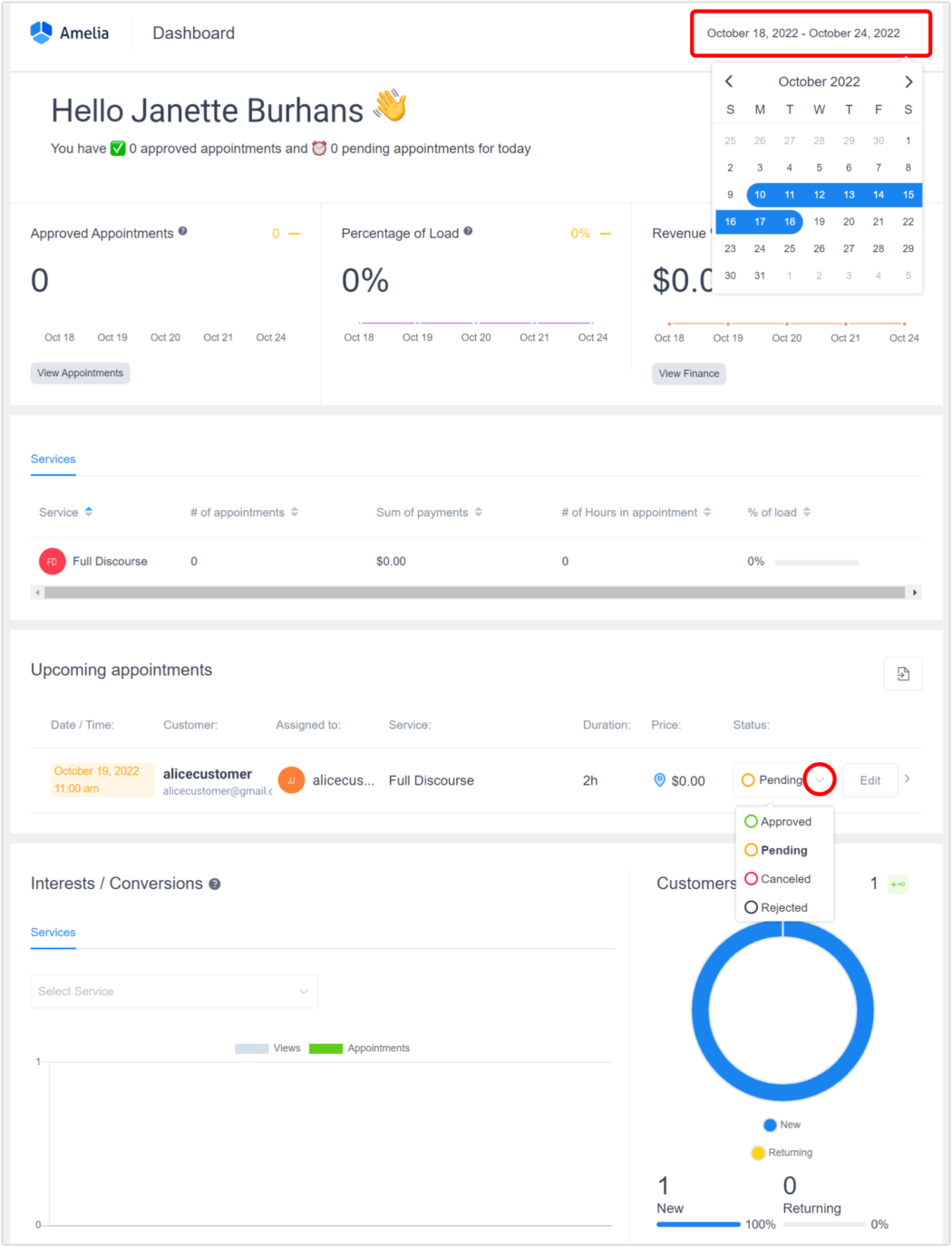 amelia wp dashboard