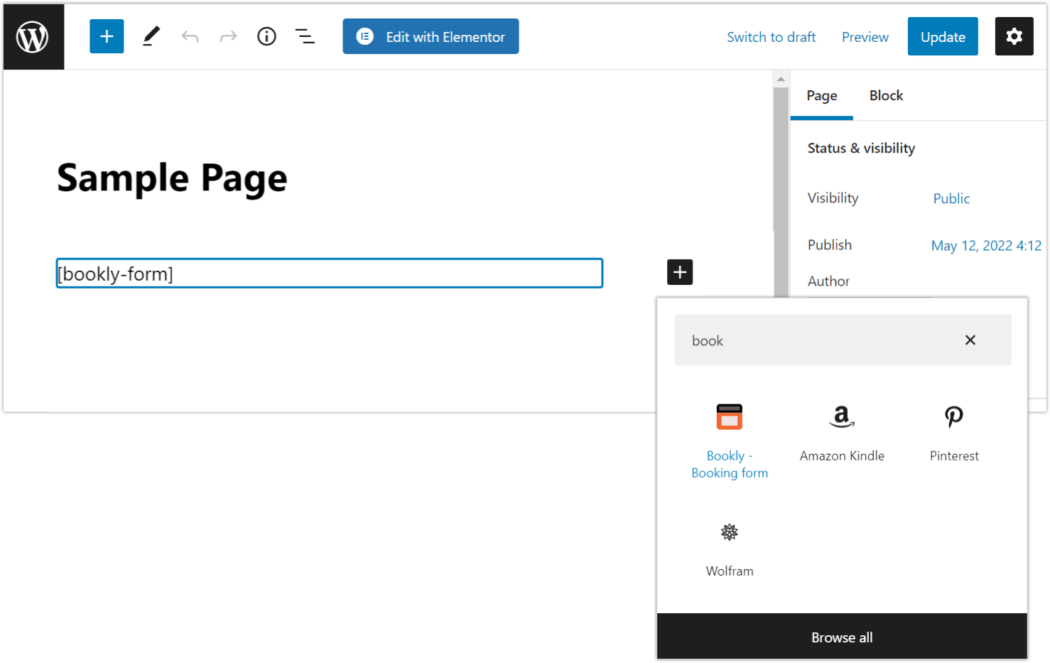 bookly block editor calendar form insertion