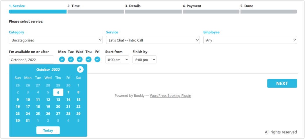 bookly front-end calendar booking process step 1 of 4