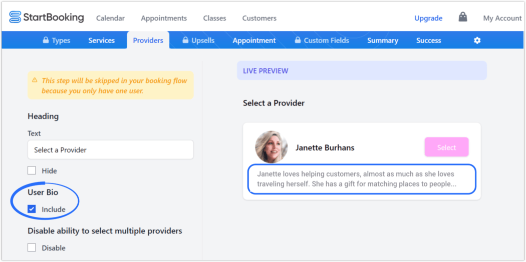 start booking user bio