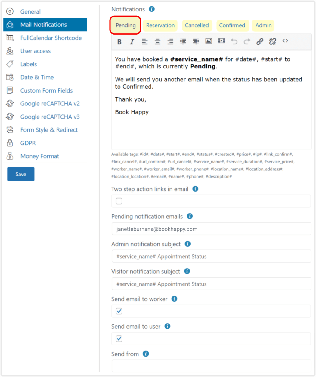 easy appointments mail confirmation settings