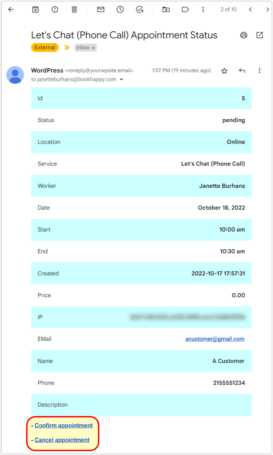 easy appointments mail confirmation business