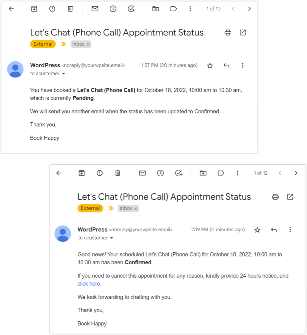 easy appointments mail confirmation customers