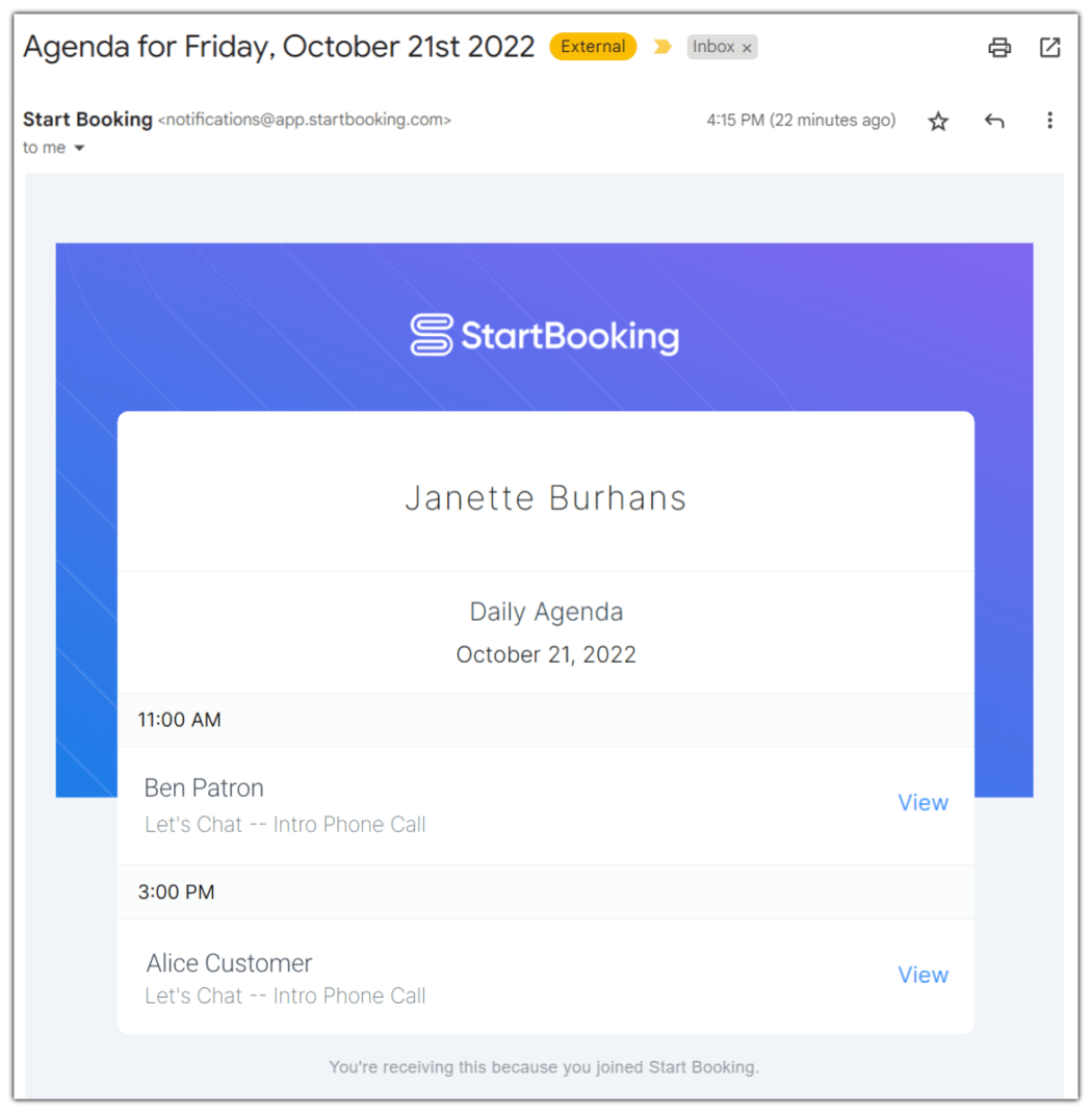 start booking daily agenda email
