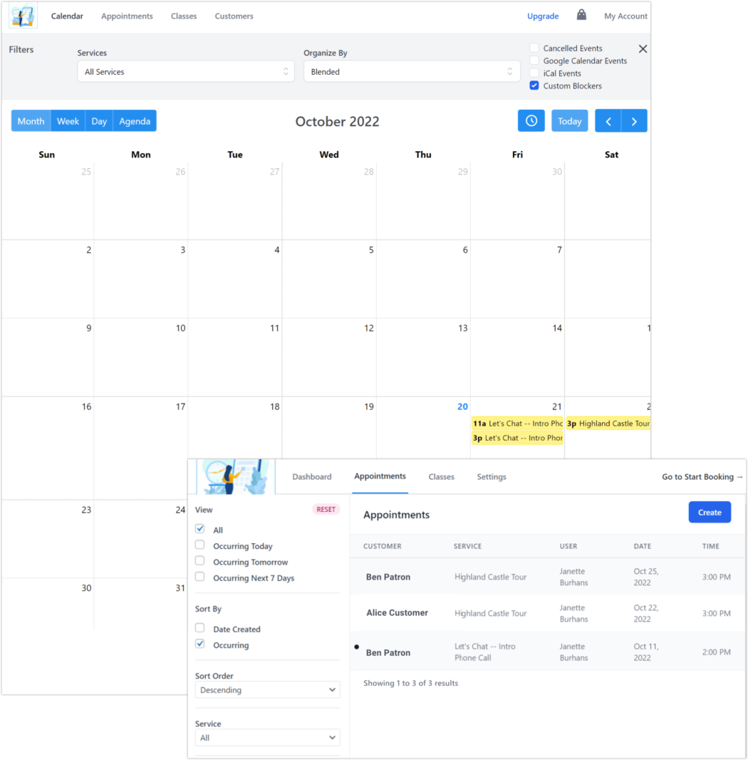 start booking cal dash views (WP+SB site)