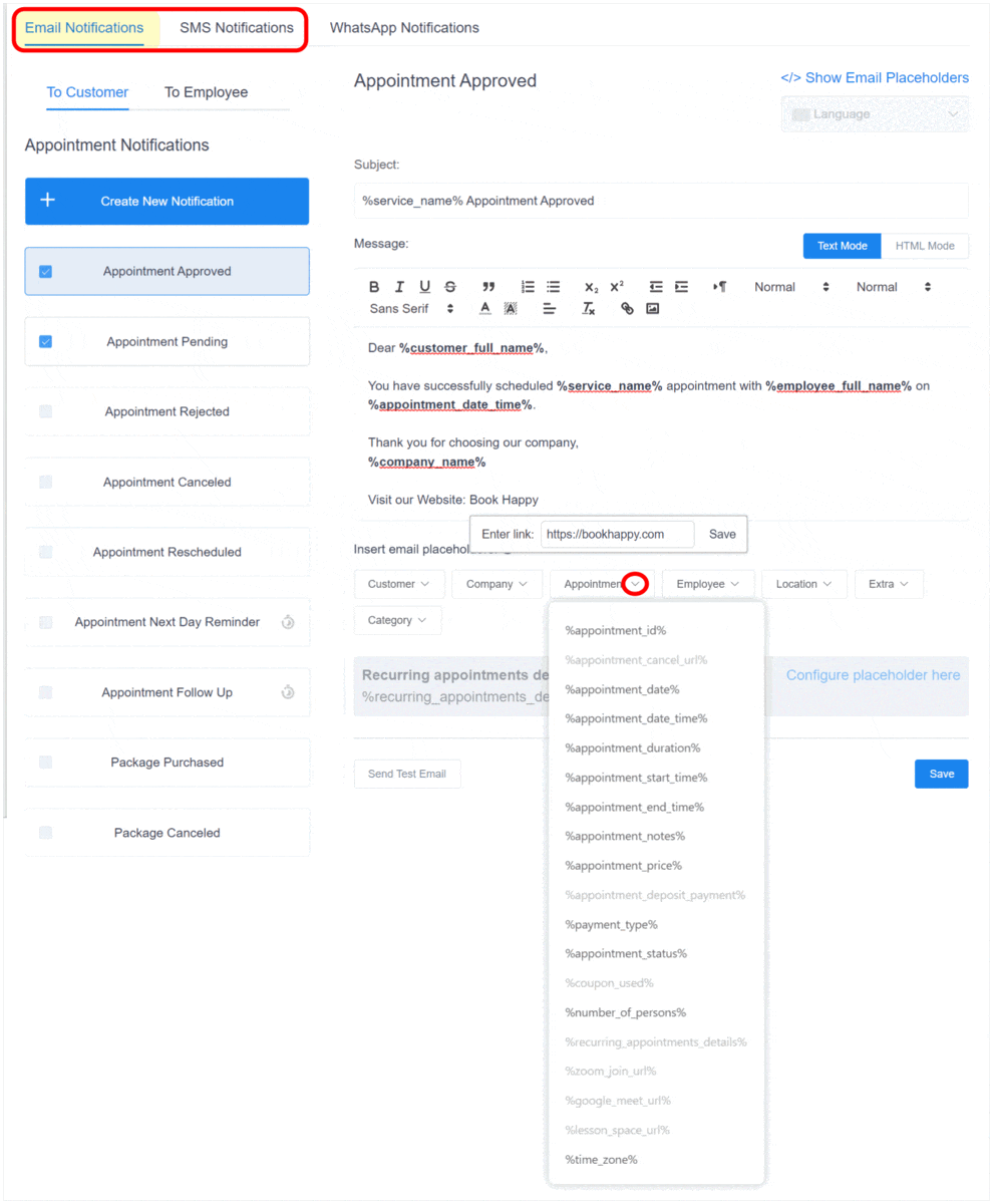 amelia notify email+sms