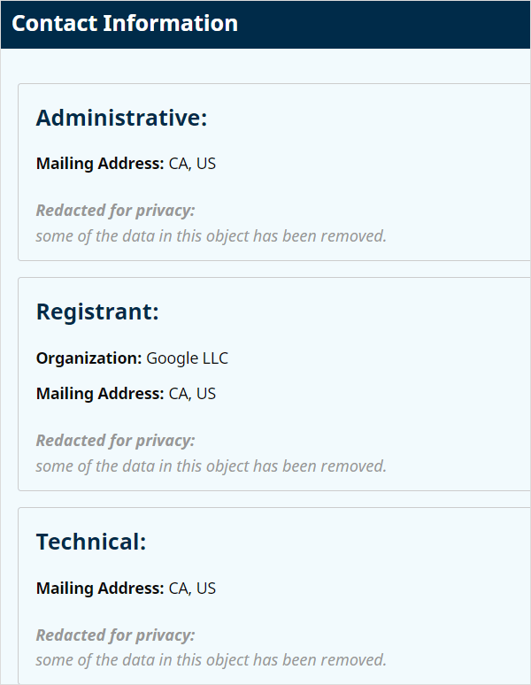 Whois search result - domain privacy active.