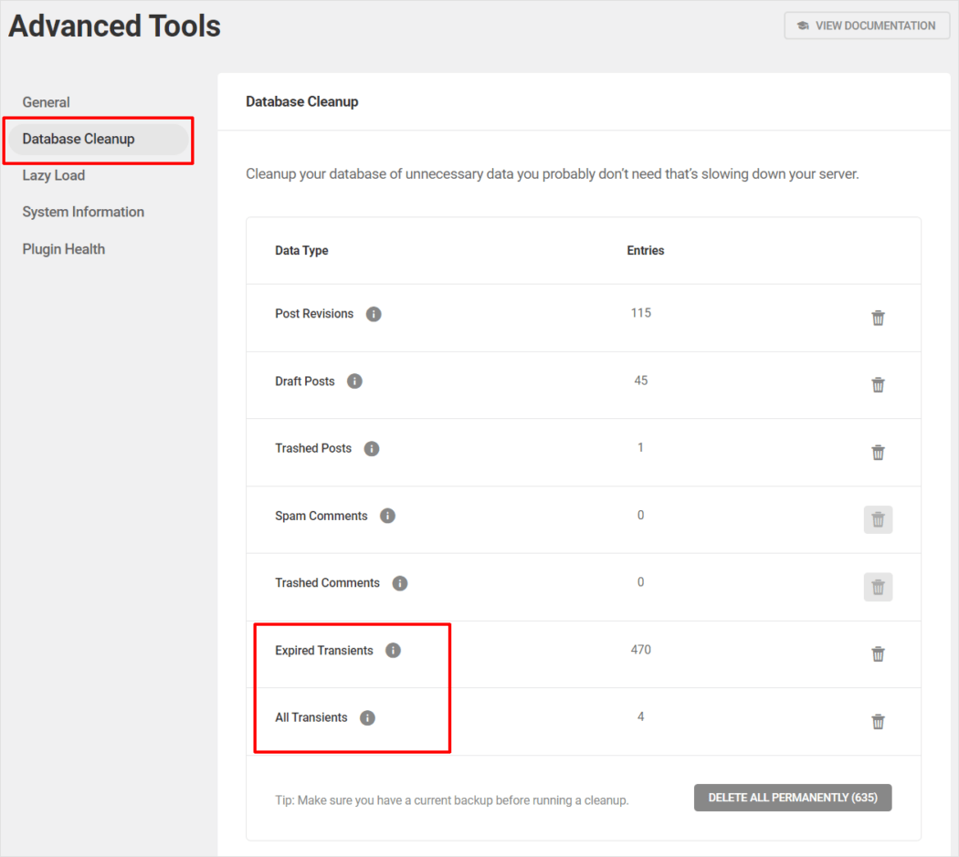 Hummingbird: Advanced Tools screen with Database Cleanup and Transients options highlighted.