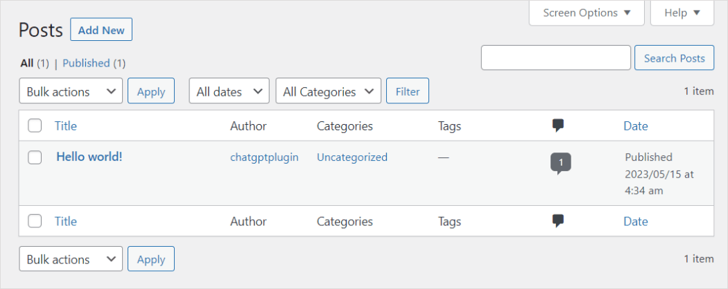 WordPress Posts Table showing a sinlge "Hello world" post.