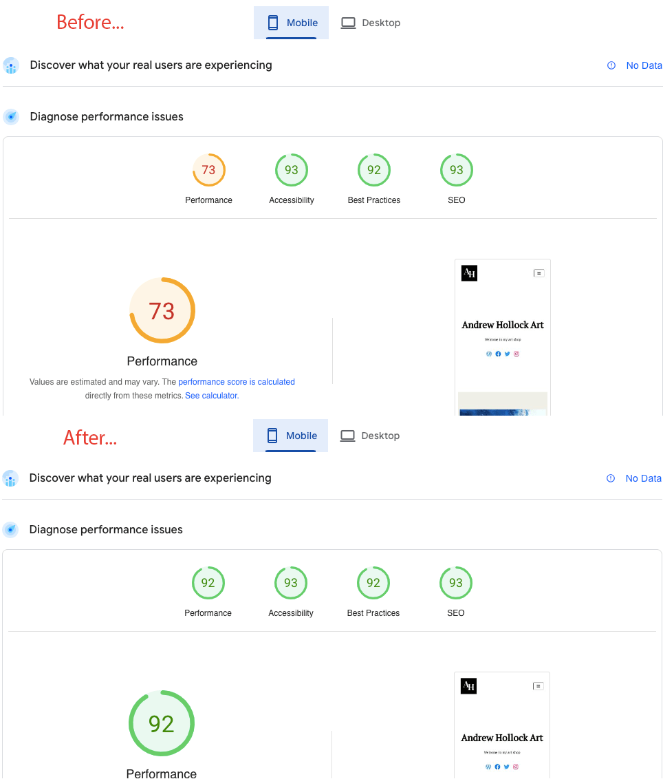 Hummingbird JS Delay - Before and After PageSpeed score results. - Mobile