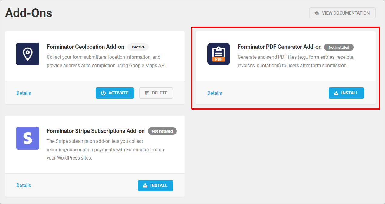 Forminator Pro Add-ons screen.