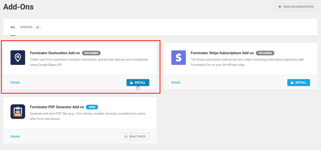 Forminator Add-Ons screen: Geolocation Addon highlighted.