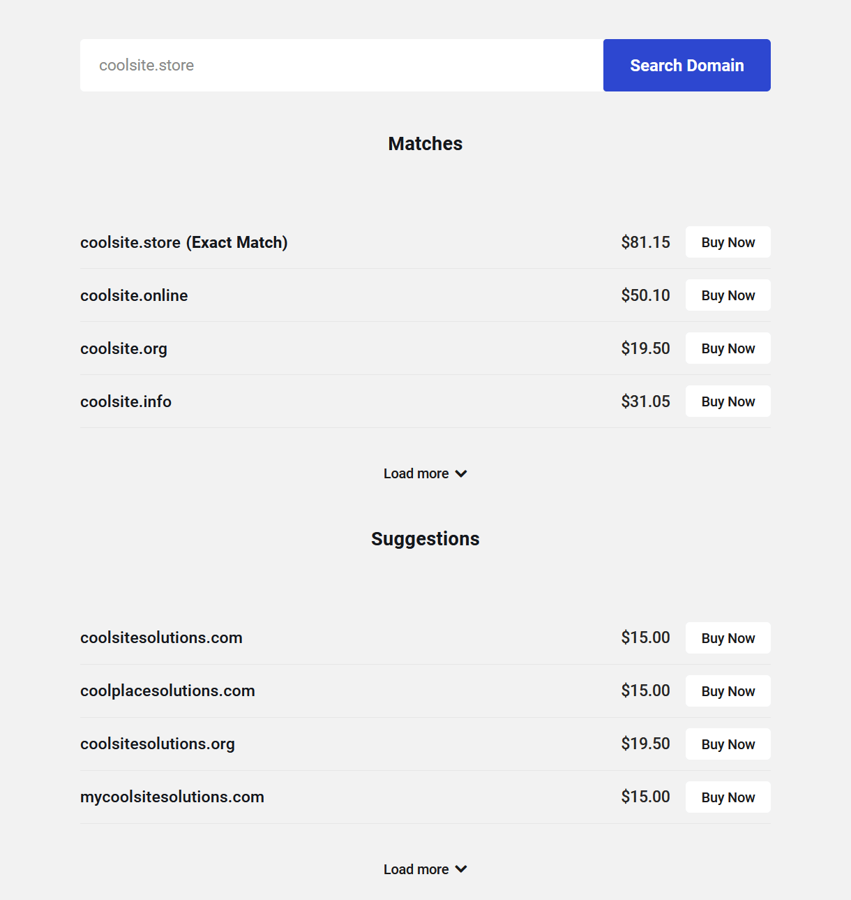 A screen showing an example of offering domains on your website