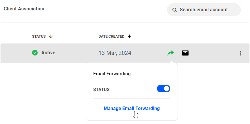 Pro Email - Email Accounts - Email Forwarding with status turned on and Manage Email Forwarding selected.