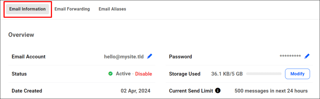 Pro Email - Email Accounts - Email Information tab