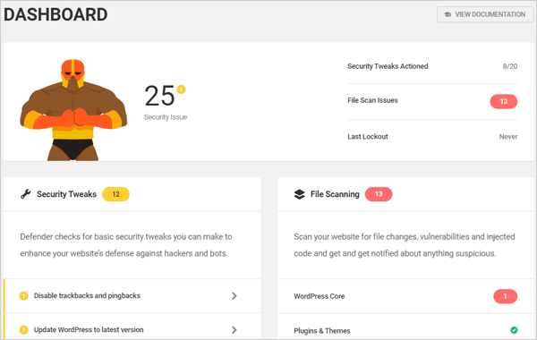 Defender WordPress security plugin dashboard.