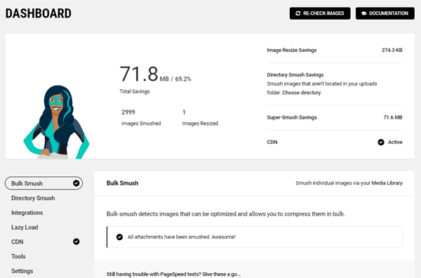 Smush image compression plugin dashboard.