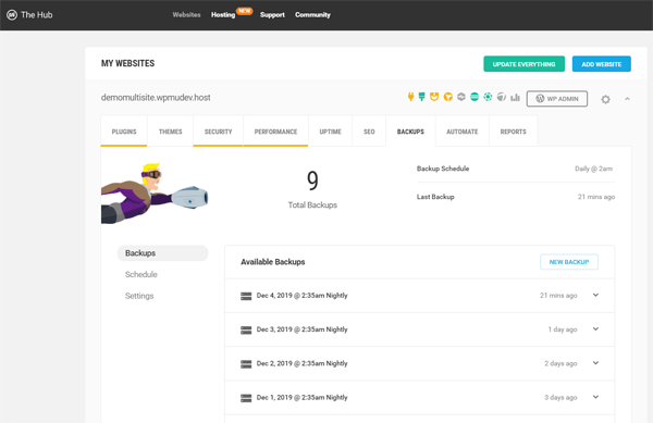 The Hub Dashboard - Backups screen.
